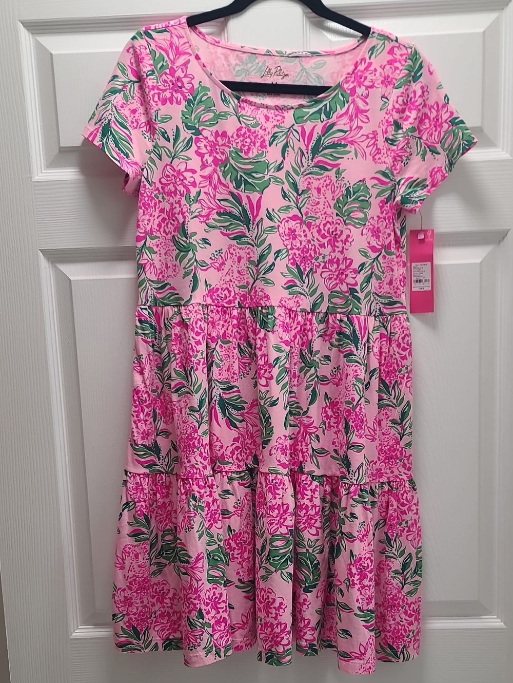 Nwt Lilly Pulitzer Geanna Green Pink Floral Tiered Dress Sz M Short Sleevess